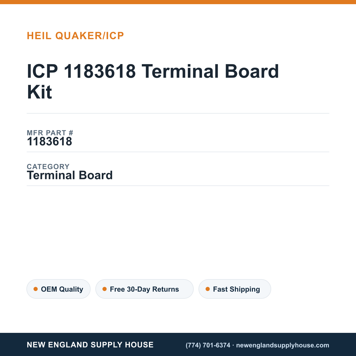 ICP 1183618 Terminal Board Kit — New England Supply House spec card [NESH-SPEC-CARD-V2]