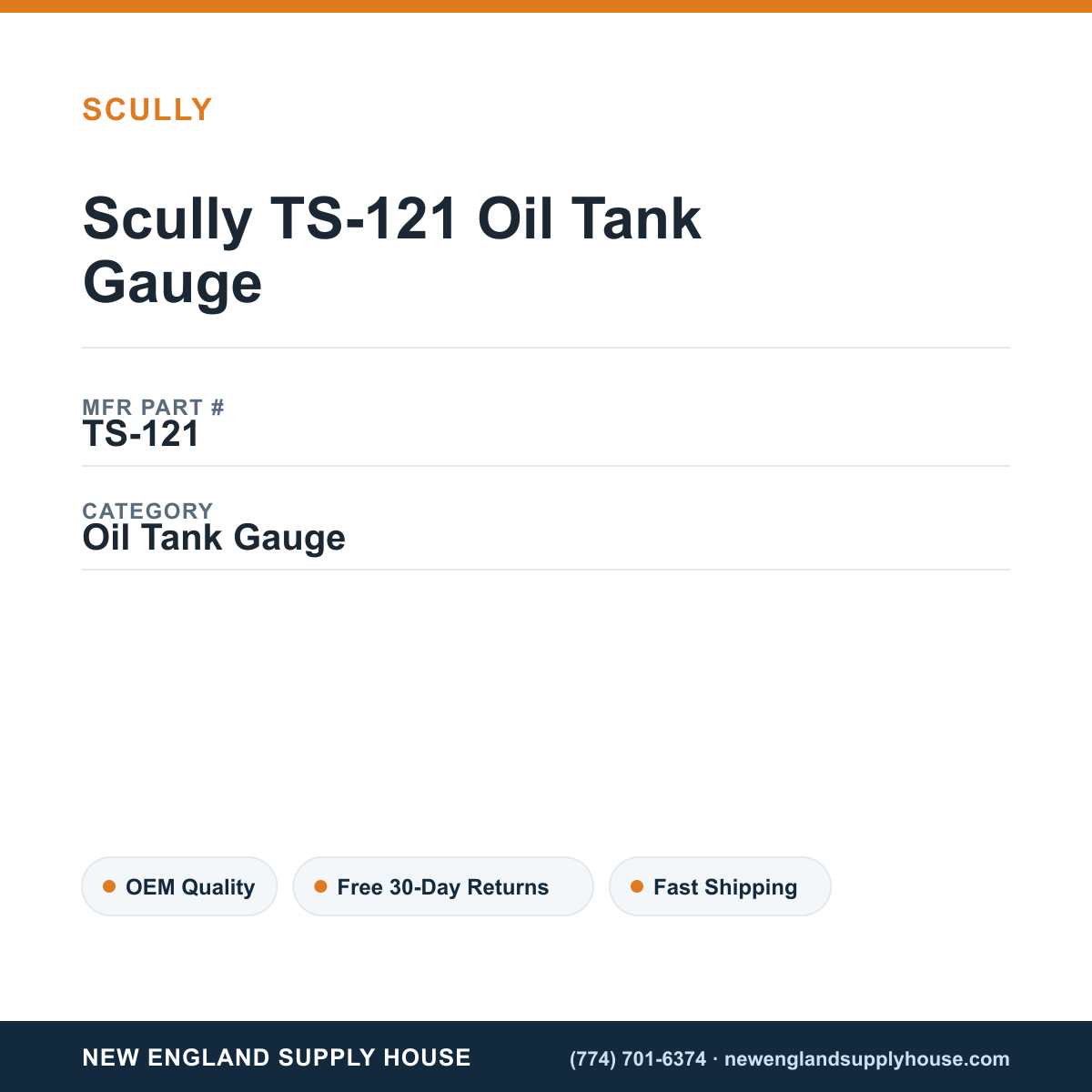 Scully TS-121 Oil Tank Gauge — New England Supply House spec card [NESH-SPEC-CARD-V2]