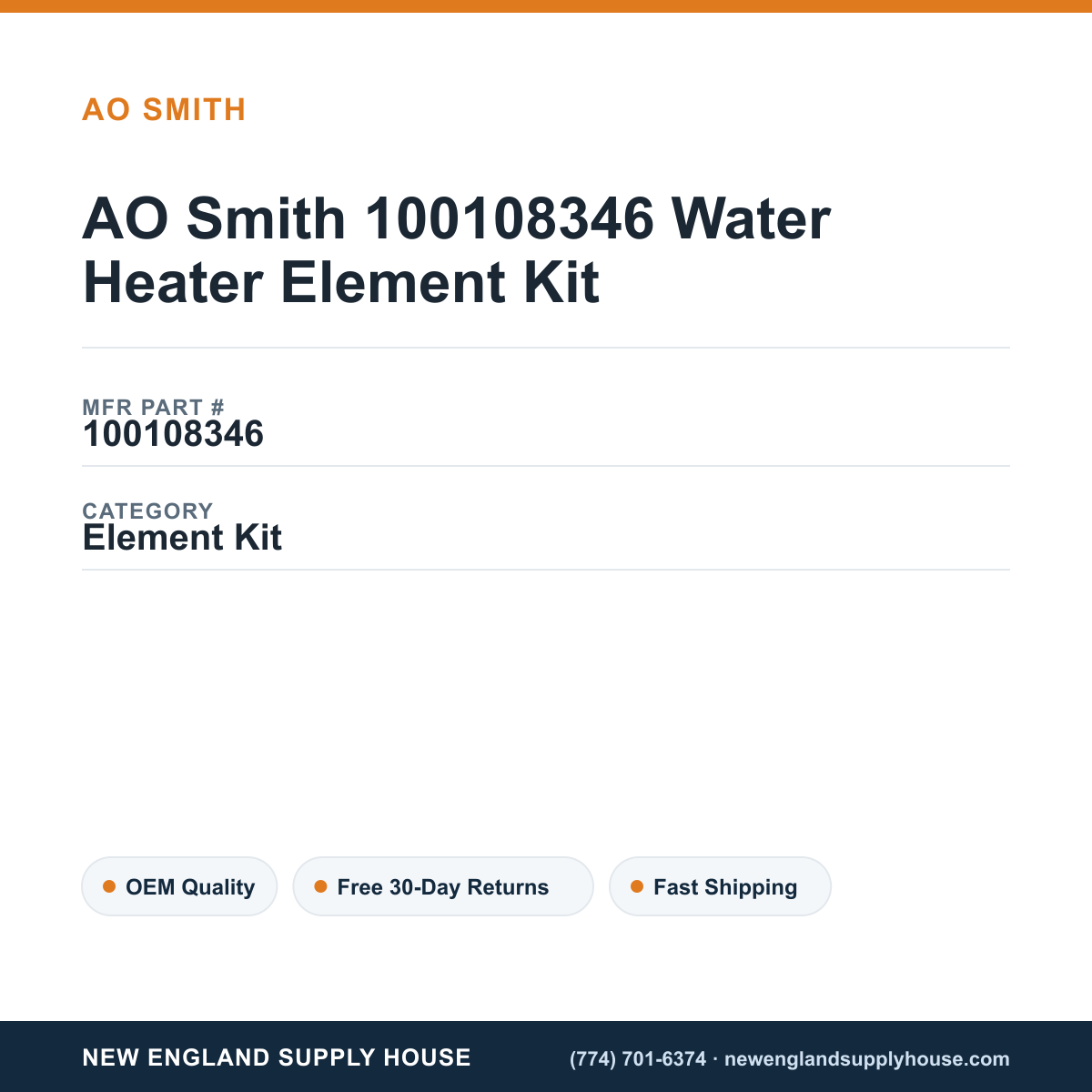 AO Smith 100108346 Water Heater Element Kit — New England Supply House spec card [NESH-SPEC-CARD-V2]