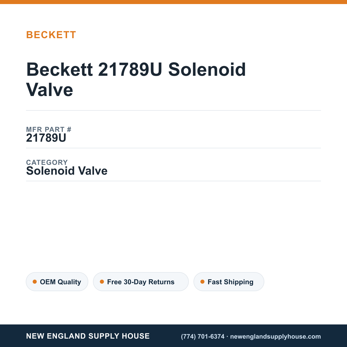 Beckett 21789U Solenoid Valve — New England Supply House spec card [NESH-SPEC-CARD-V2]