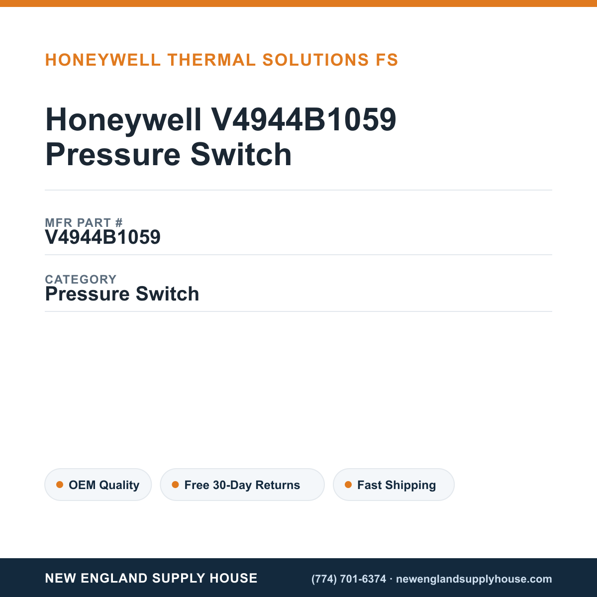 Honeywell V4944B1059 Pressure Switch — New England Supply House spec card [NESH-SPEC-CARD-V2]