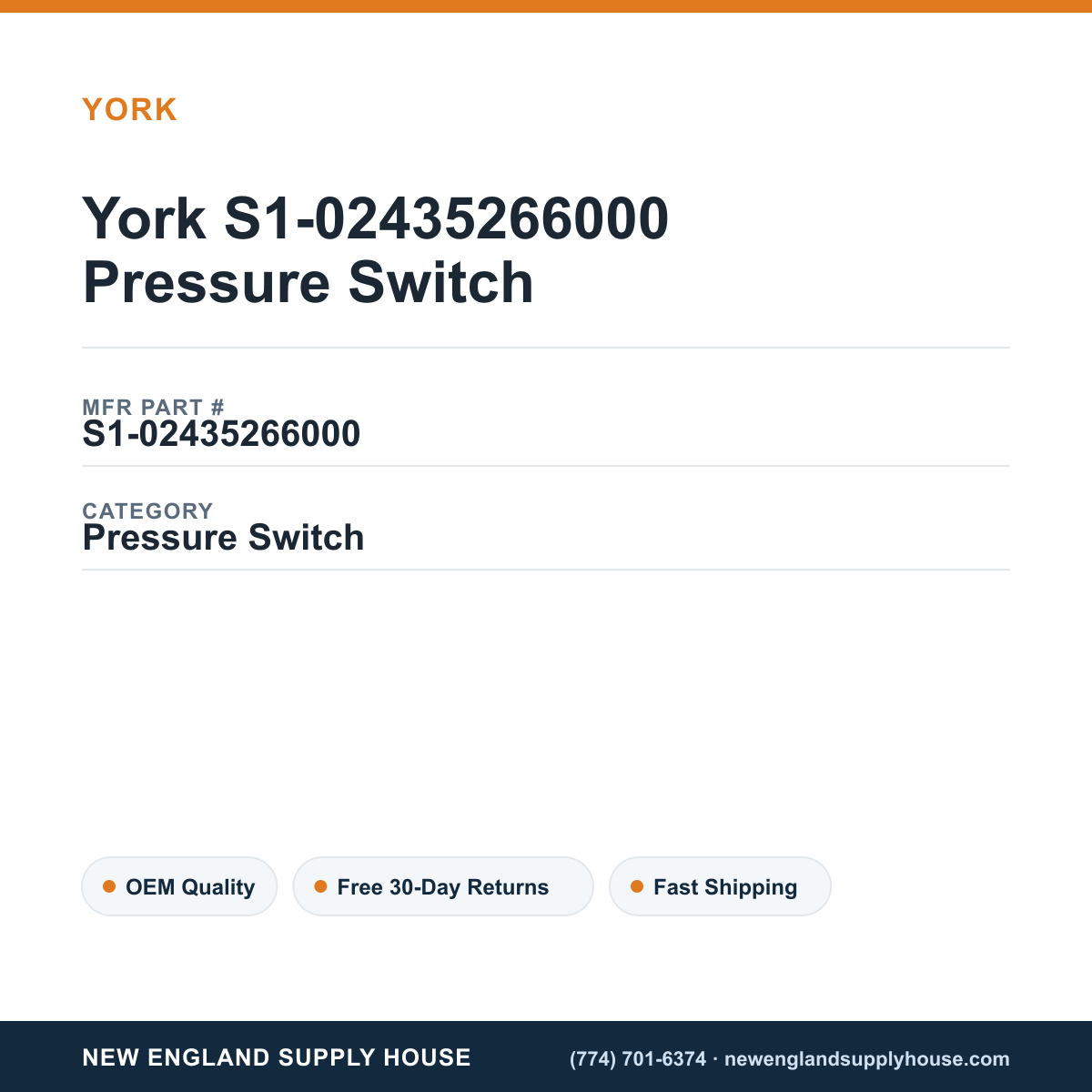 York S1-02435266000 Pressure Switch — New England Supply House spec card [NESH-SPEC-CARD-V2]