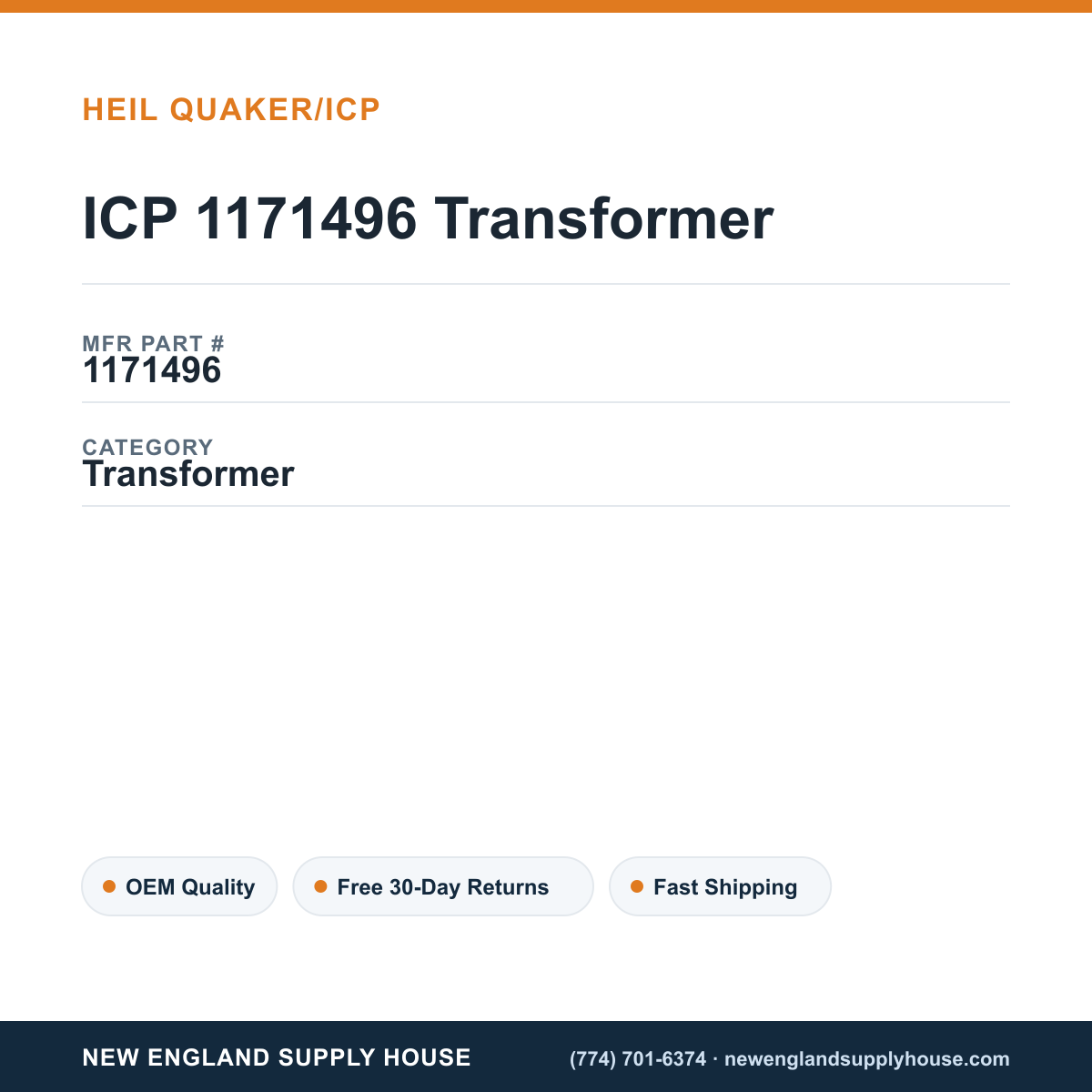 ICP 1171496 Transformer — New England Supply House spec card [NESH-SPEC-CARD-V2]
