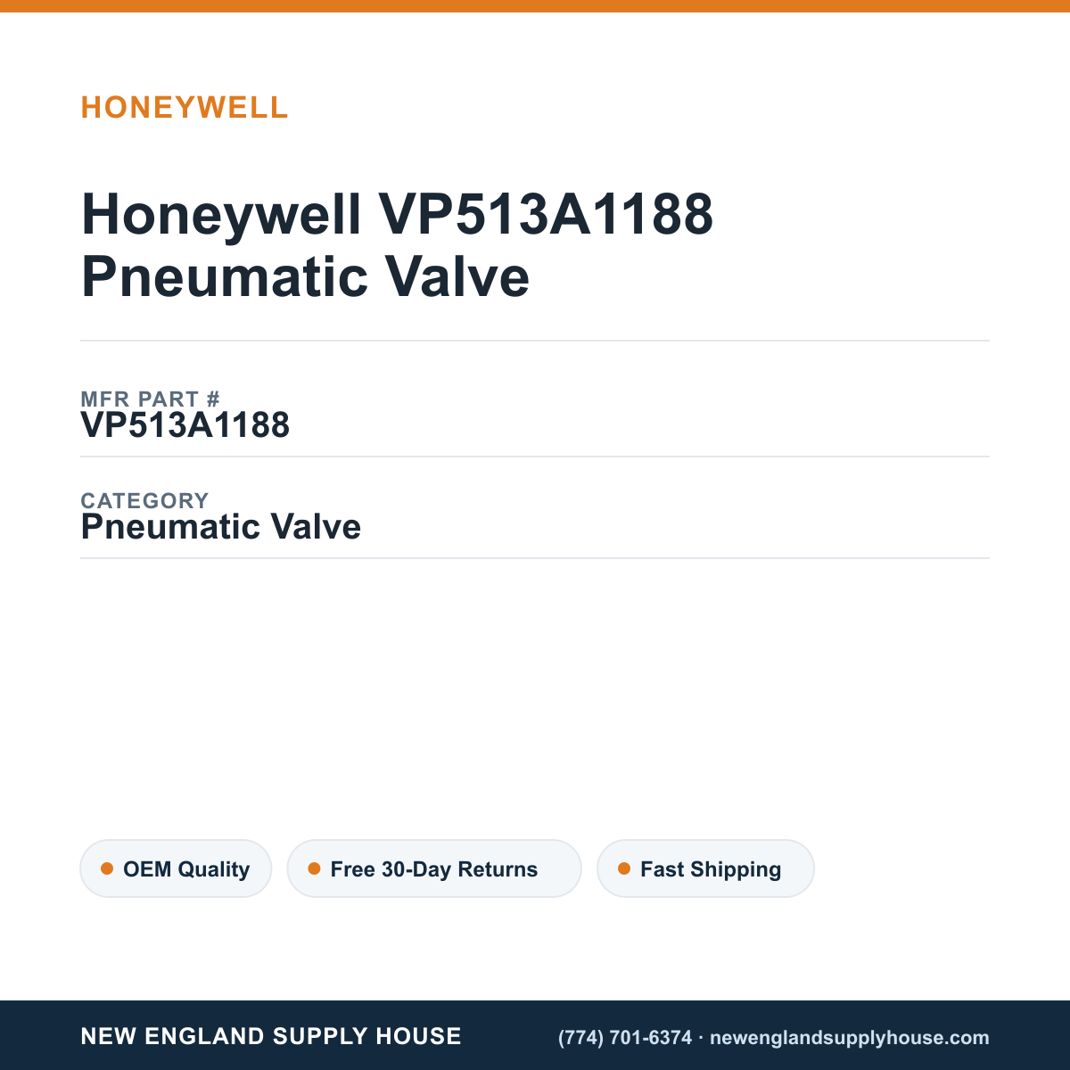 Honeywell VP513A1188 Pneumatic Valve — New England Supply House spec card [NESH-SPEC-CARD-V2]