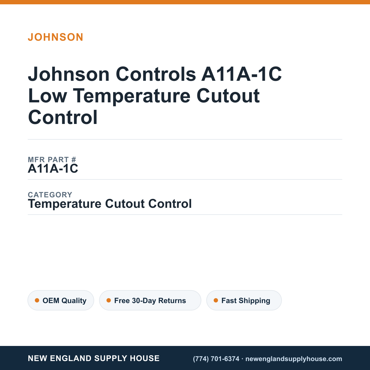 Johnson Controls A11A-1C Low Temperature Cutout Control — New England Supply House spec card [NESH-SPEC-CARD-V2]
