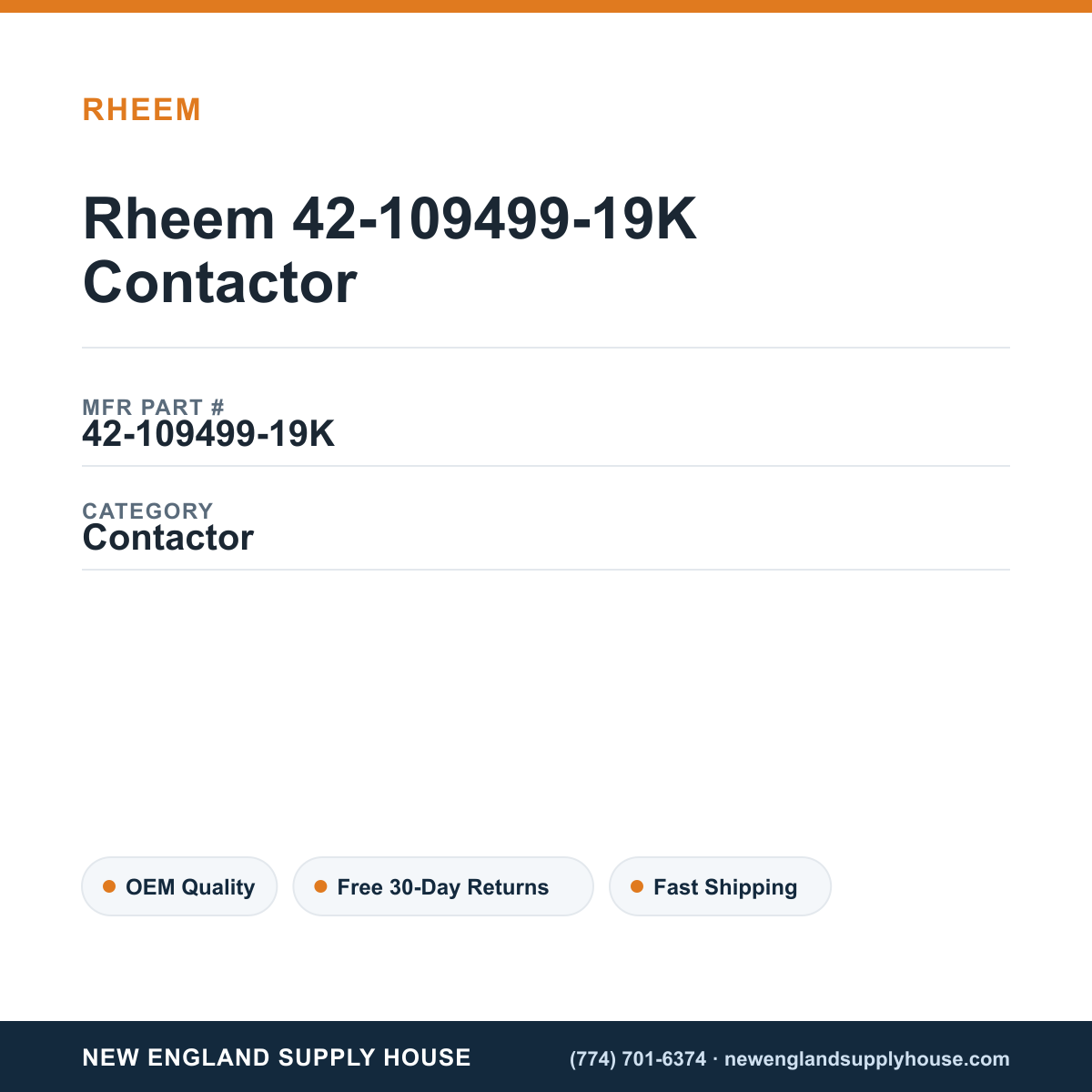 Rheem 42-109499-19K Contactor — New England Supply House spec card [NESH-SPEC-CARD-V2]