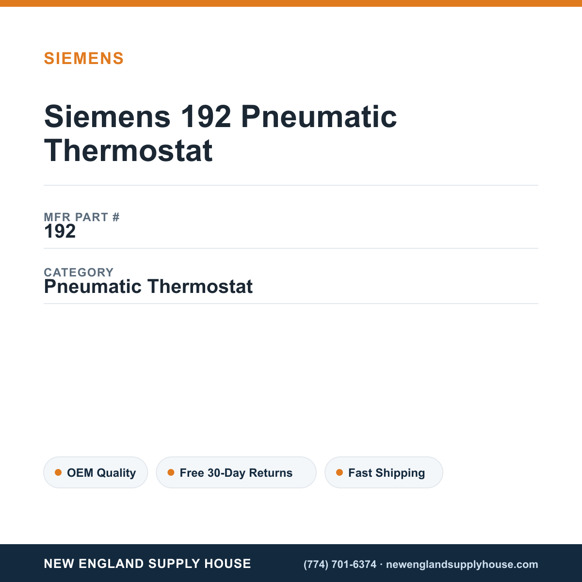Siemens 192 Pneumatic Thermostat — New England Supply House spec card [NESH-SPEC-CARD-V2]