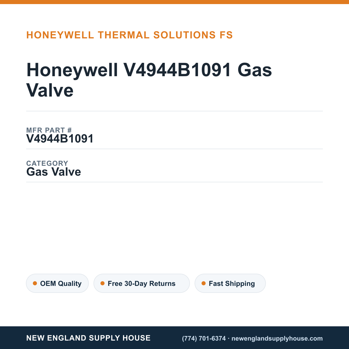 Honeywell V4944B1091 Gas Valve — New England Supply House spec card [NESH-SPEC-CARD-V2]