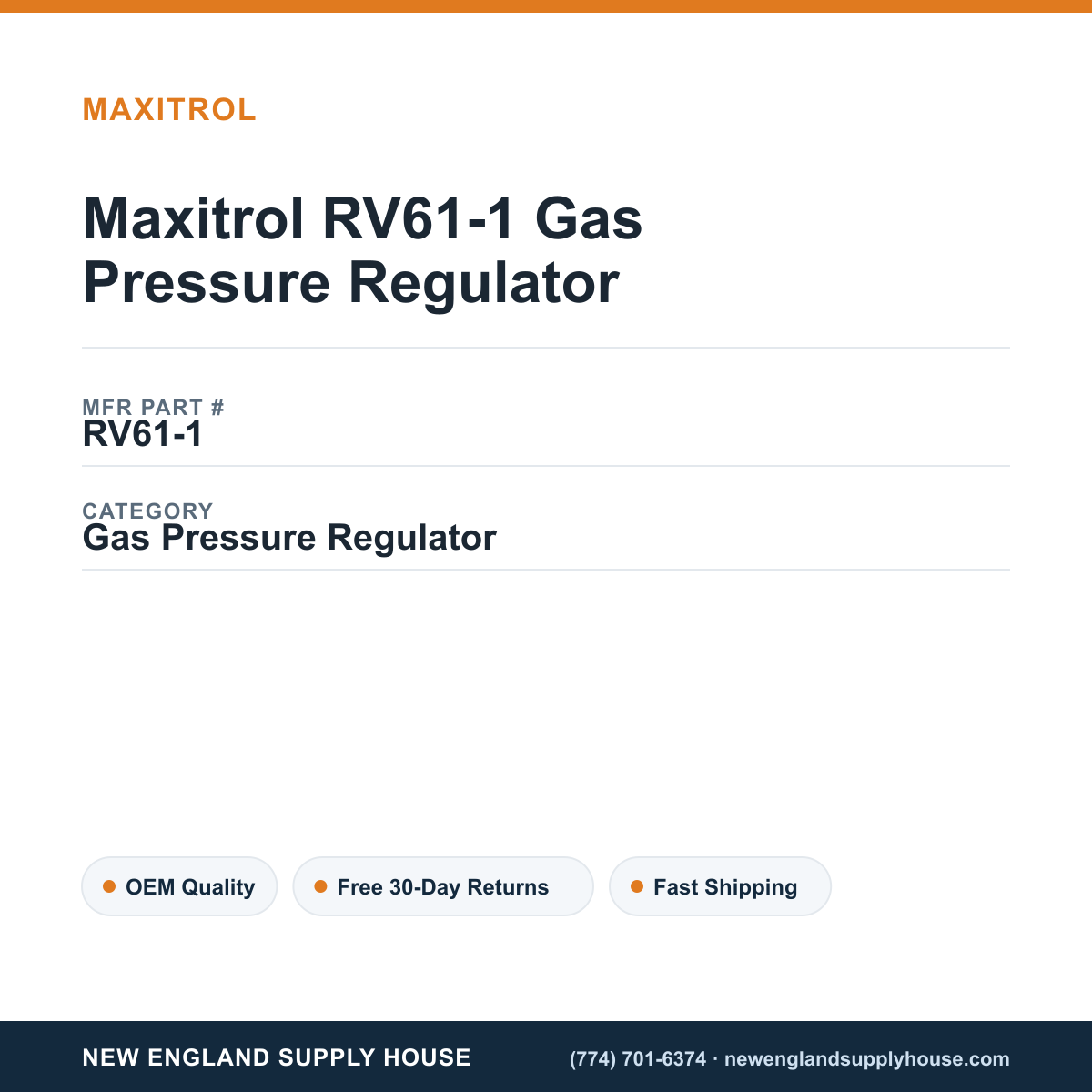 Maxitrol RV61-1 Gas Pressure Regulator — New England Supply House spec card [NESH-SPEC-CARD-V2]