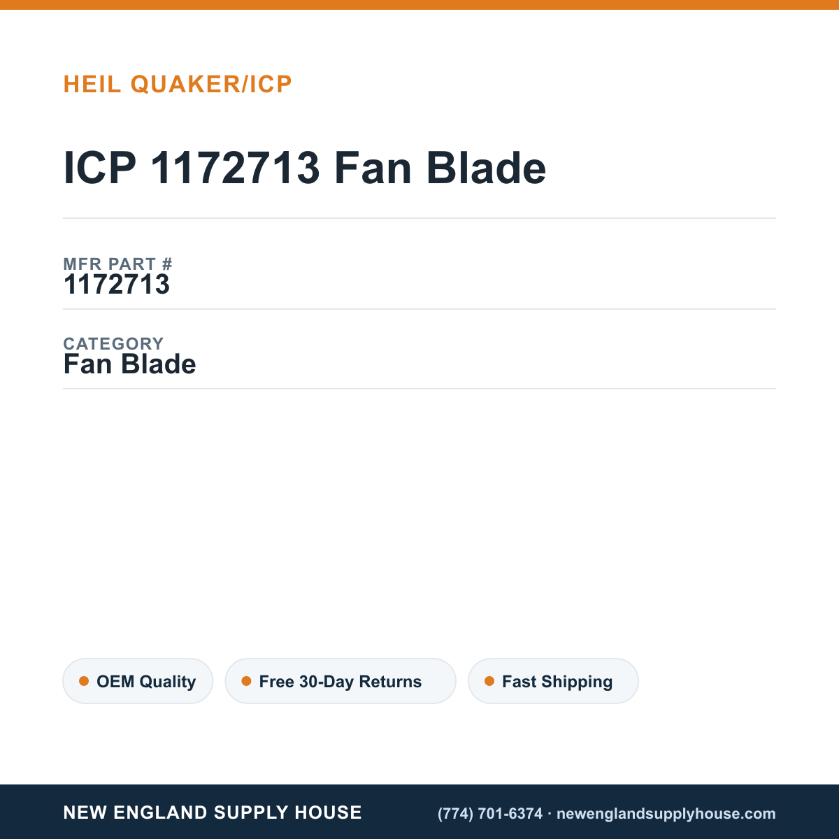 ICP 1172713 Fan Blade — New England Supply House spec card [NESH-SPEC-CARD-V2]