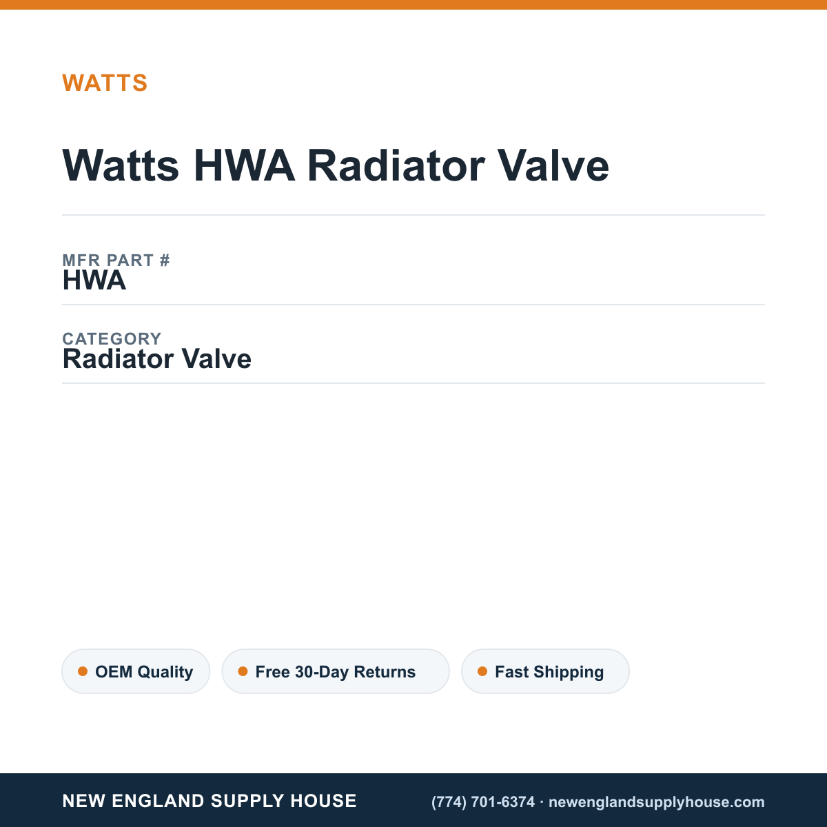 Watts HWA Radiator Valve — New England Supply House spec card [NESH-SPEC-CARD-V2]