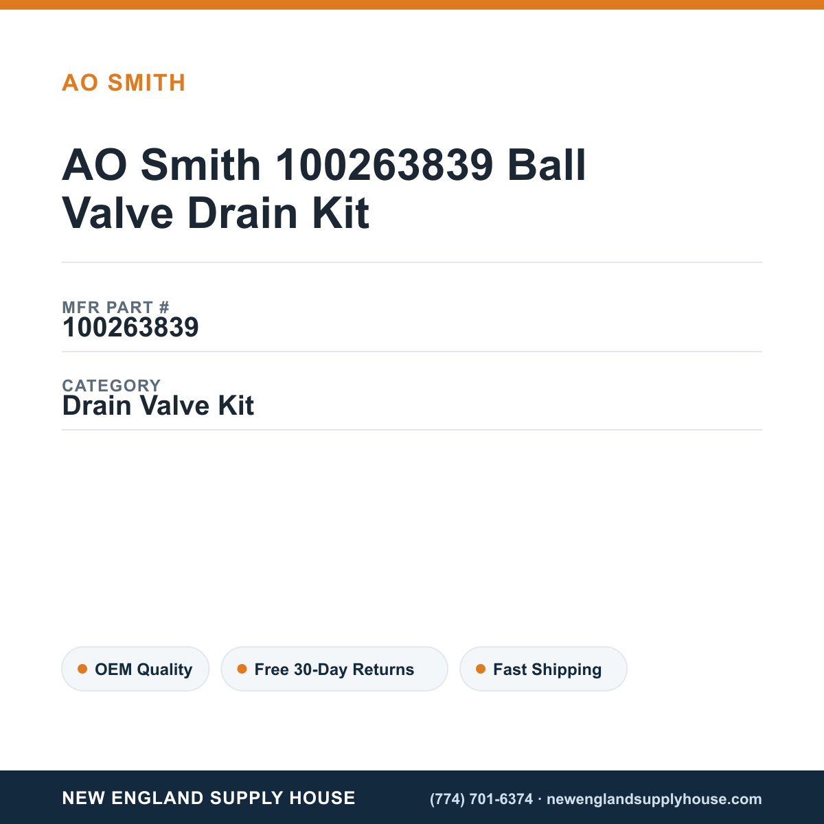 AO Smith 100263839 Ball Valve Drain Kit — New England Supply House spec card [NESH-SPEC-CARD-V2]