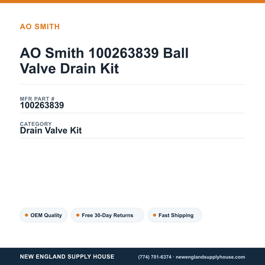 AO Smith 100263839 Ball Valve Drain Kit — New England Supply House spec card [NESH-SPEC-CARD-V2]
