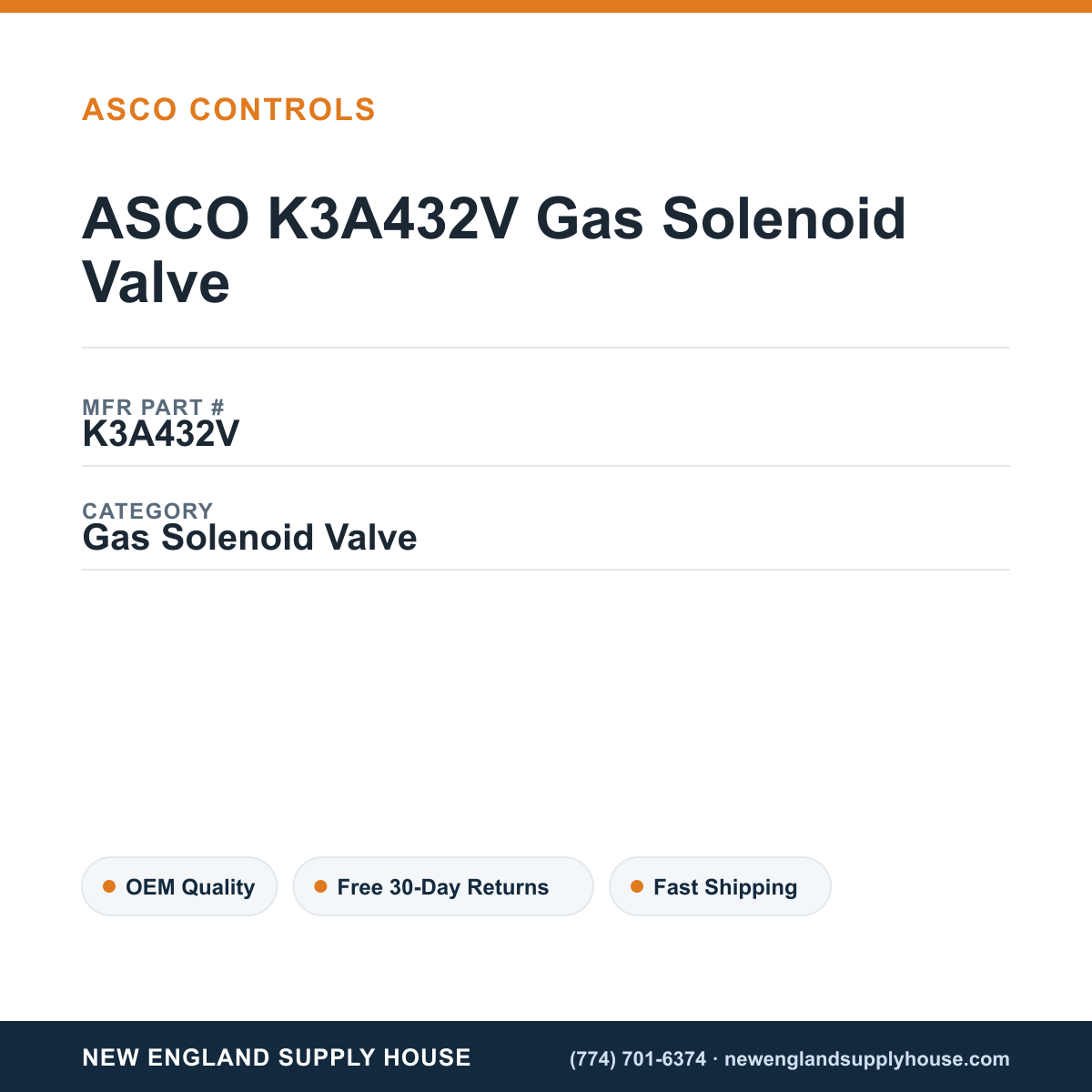 ASCO K3A432V Gas Solenoid Valve — New England Supply House spec card [NESH-SPEC-CARD-V2]