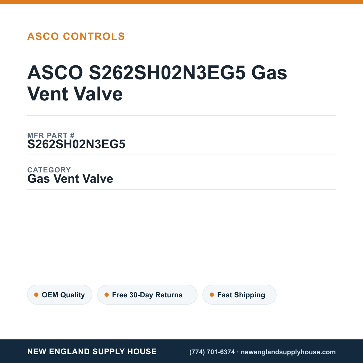ASCO S262SH02N3EG5 Gas Vent Valve — New England Supply House spec card [NESH-SPEC-CARD-V2]