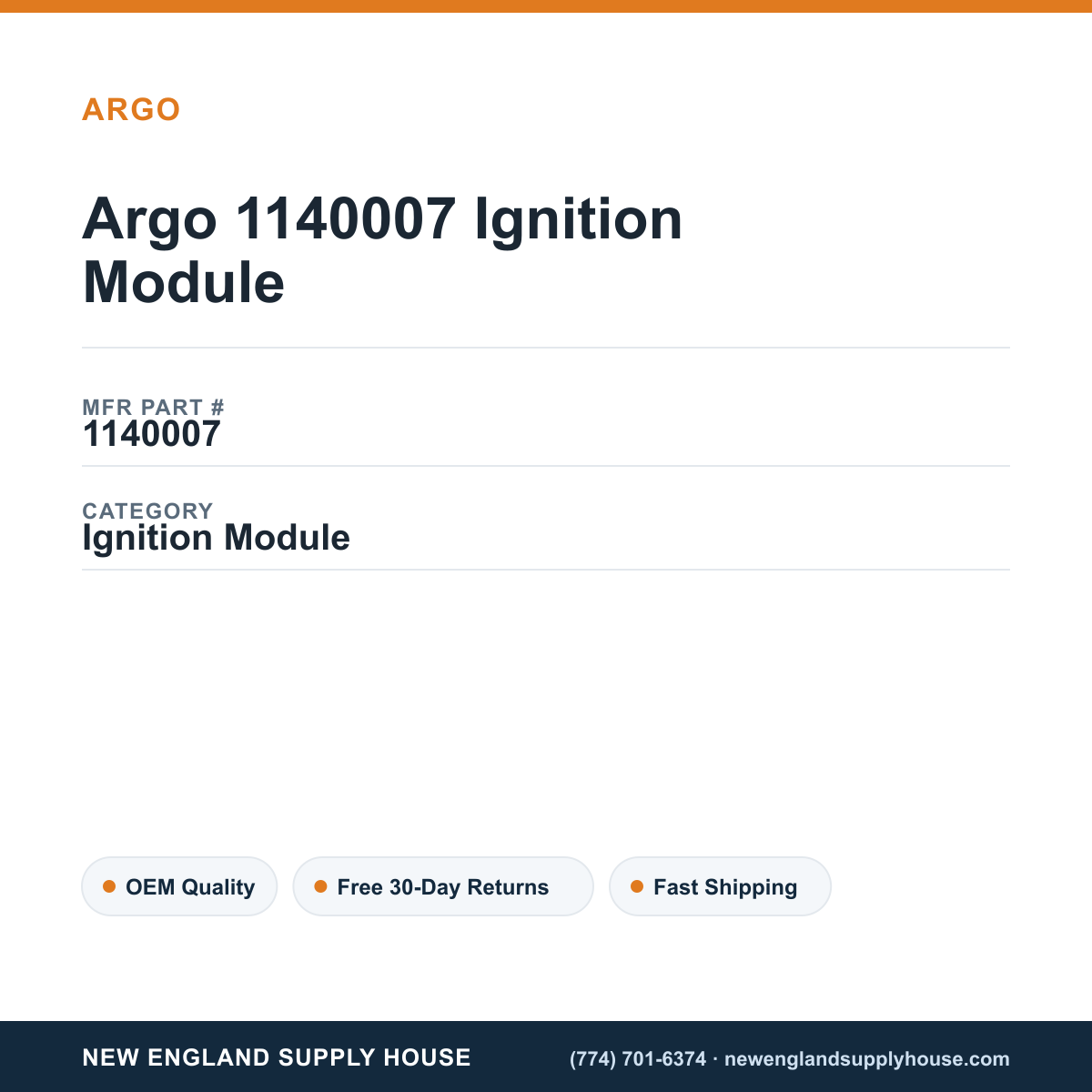 Argo 1140007 Ignition Module — New England Supply House spec card [NESH-SPEC-CARD-V2]