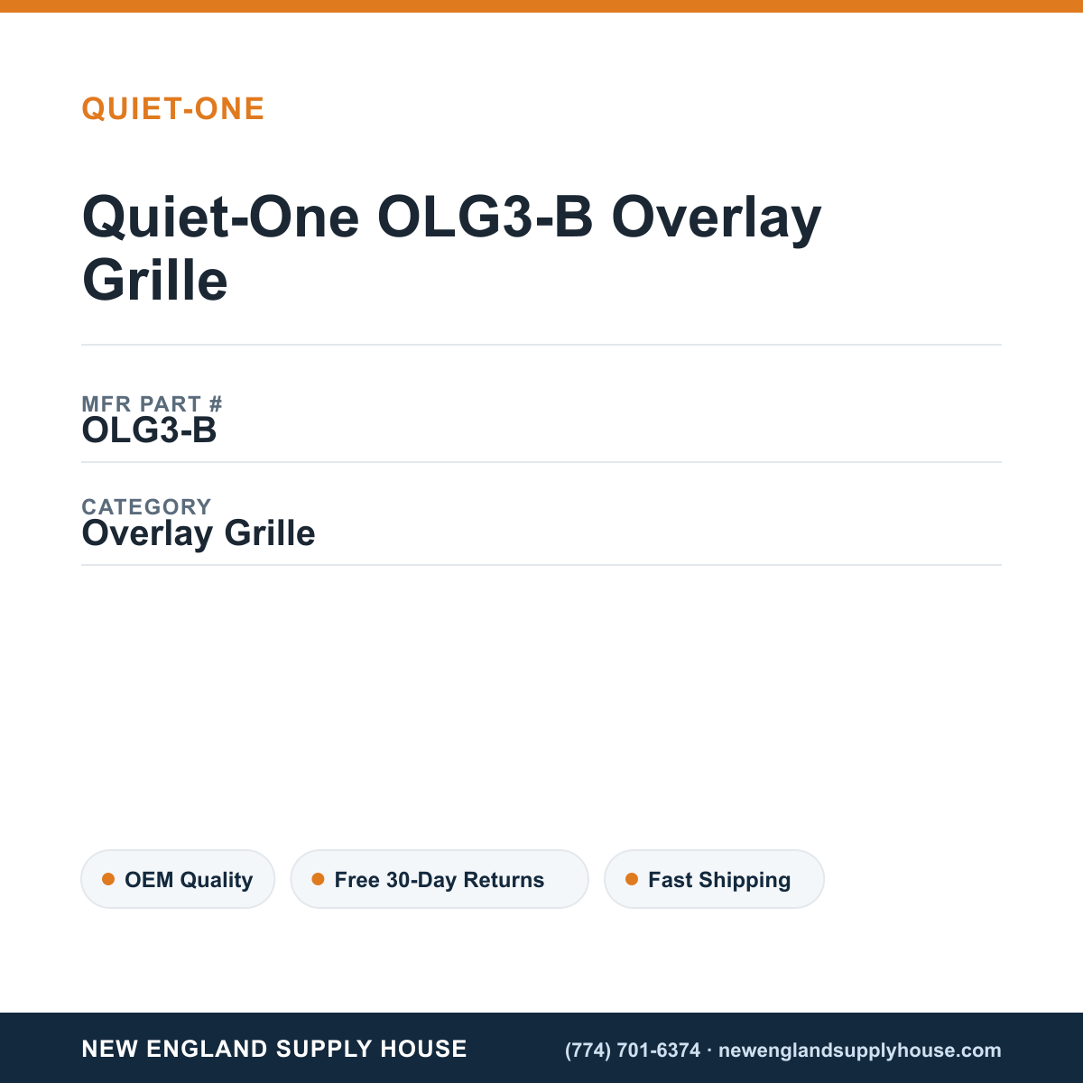 Quiet-One OLG3-B Overlay Grille — New England Supply House spec card [NESH-SPEC-CARD-V2]