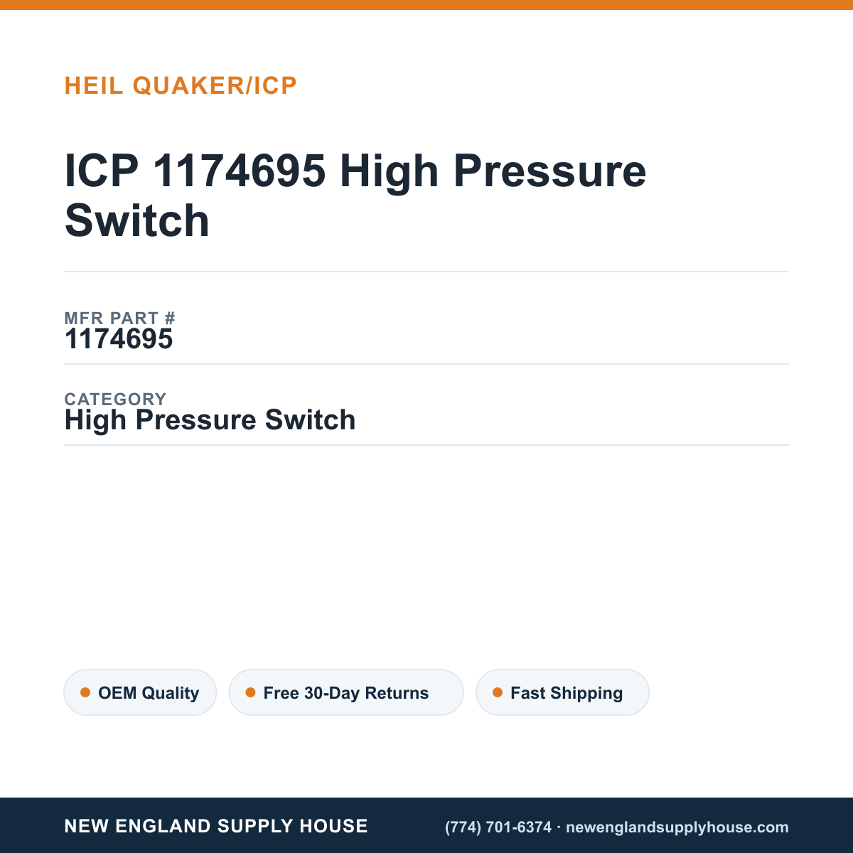 ICP 1174695 High Pressure Switch — New England Supply House spec card [NESH-SPEC-CARD-V2]