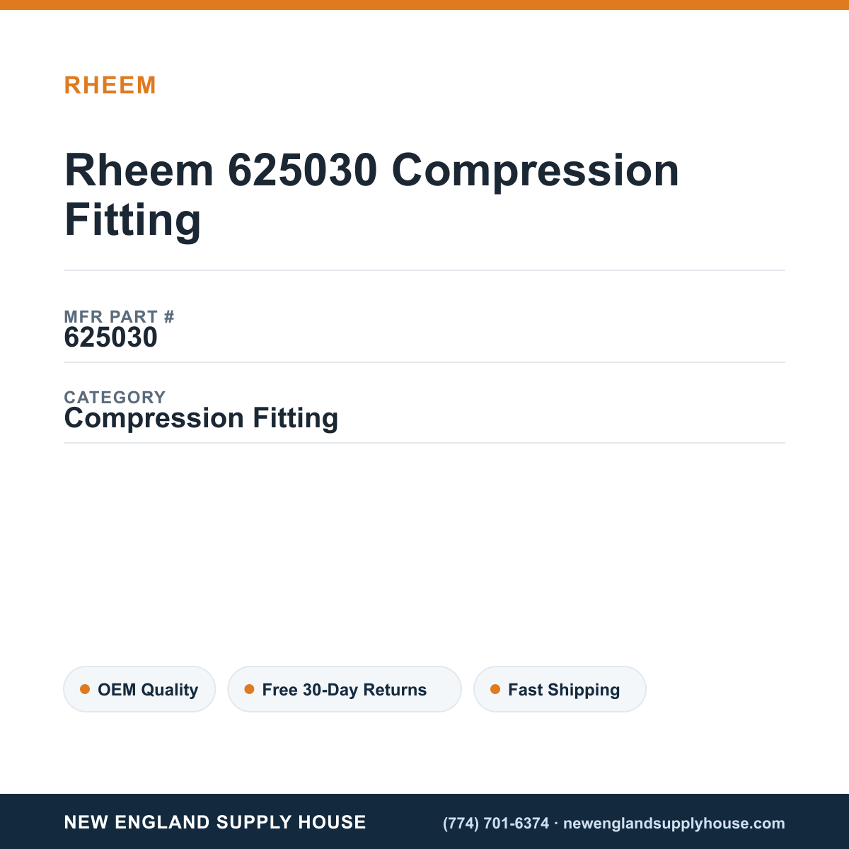 Rheem 625030 Compression Fitting — New England Supply House spec card [NESH-SPEC-CARD-V2]