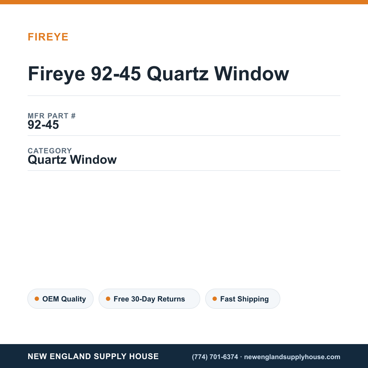 Fireye 92-45 Quartz Window — New England Supply House spec card [NESH-SPEC-CARD-V2]
