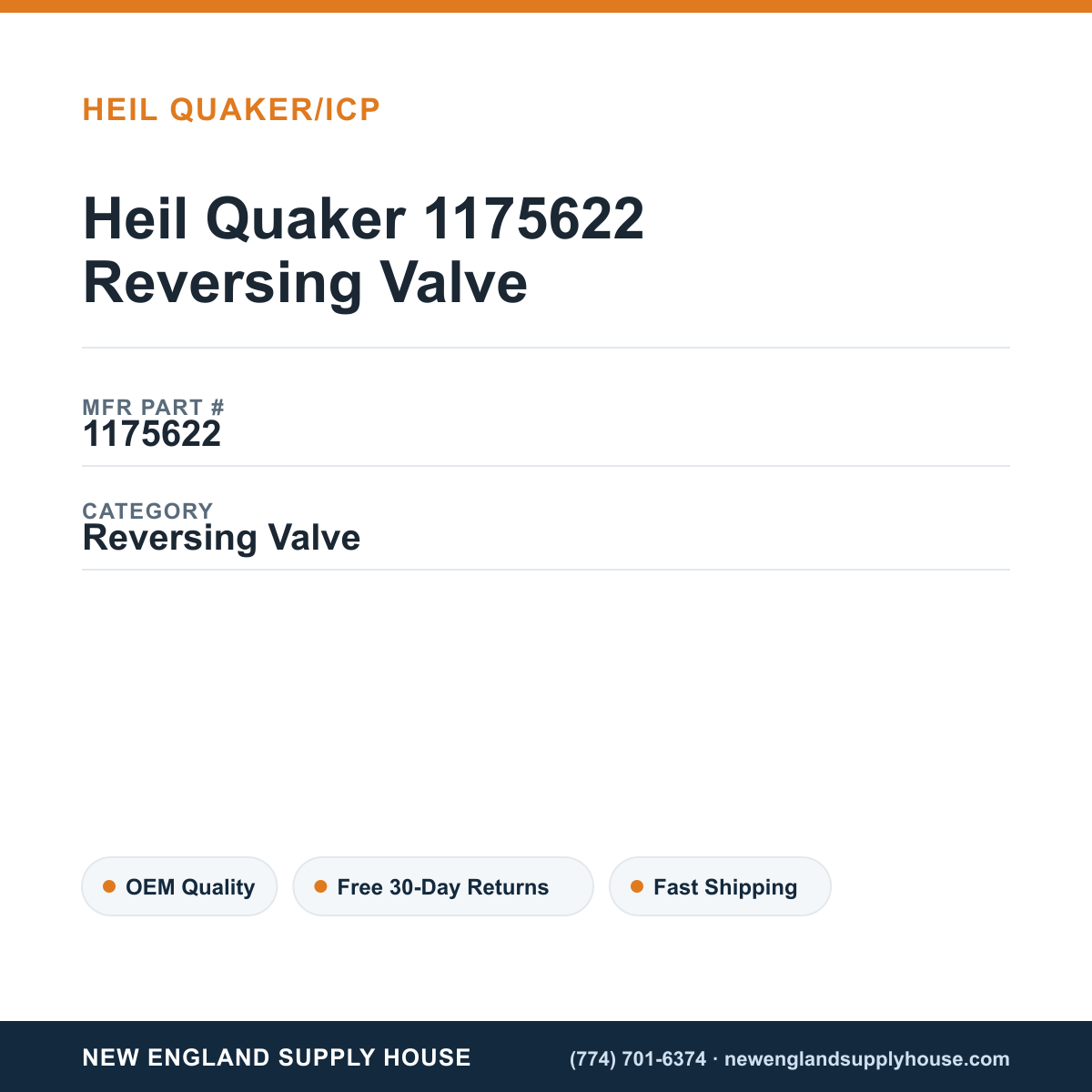 Heil Quaker 1175622 Reversing Valve — New England Supply House spec card [NESH-SPEC-CARD-V2]