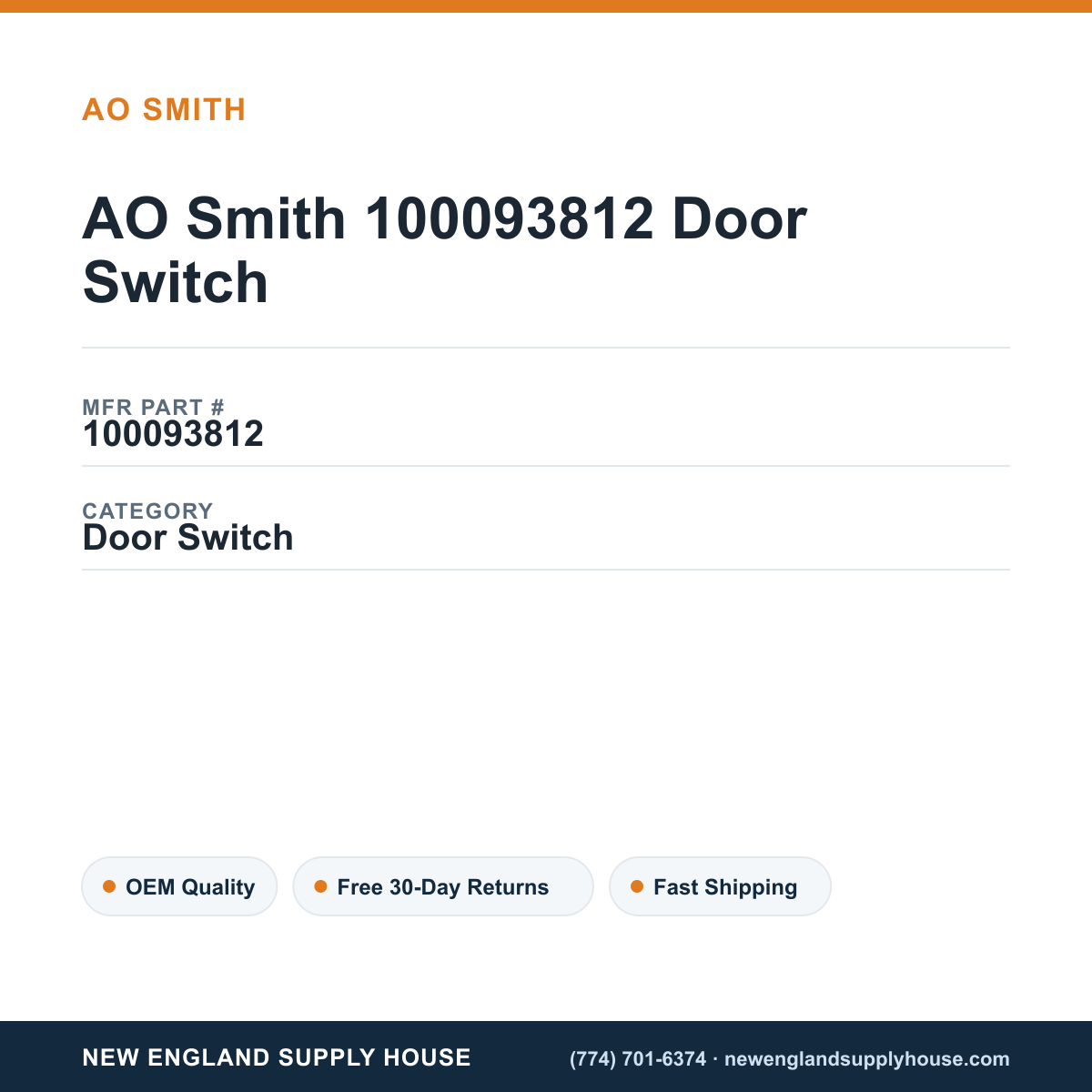 AO Smith 100093812 Door Switch — New England Supply House spec card [NESH-SPEC-CARD-V2]