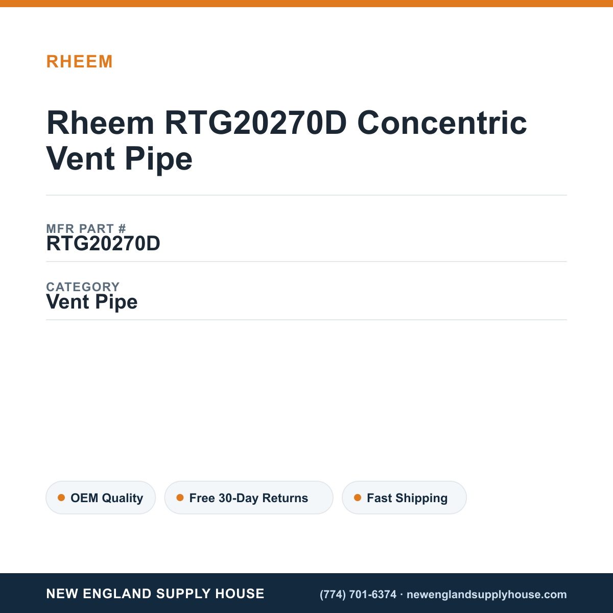 Rheem RTG20270D Concentric Vent Pipe — New England Supply House spec card [NESH-SPEC-CARD-V2]