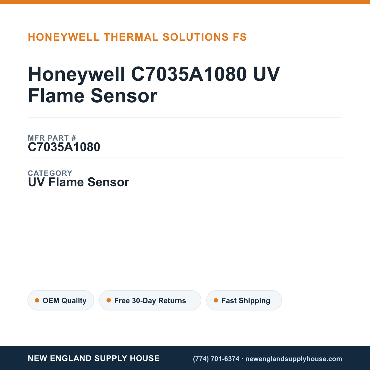 Honeywell C7035A1080 UV Flame Sensor — New England Supply House spec card [NESH-SPEC-CARD-V2]