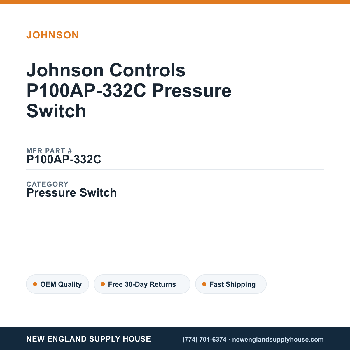 Johnson Controls P100AP-332C Pressure Switch — New England Supply House spec card [NESH-SPEC-CARD-V2]