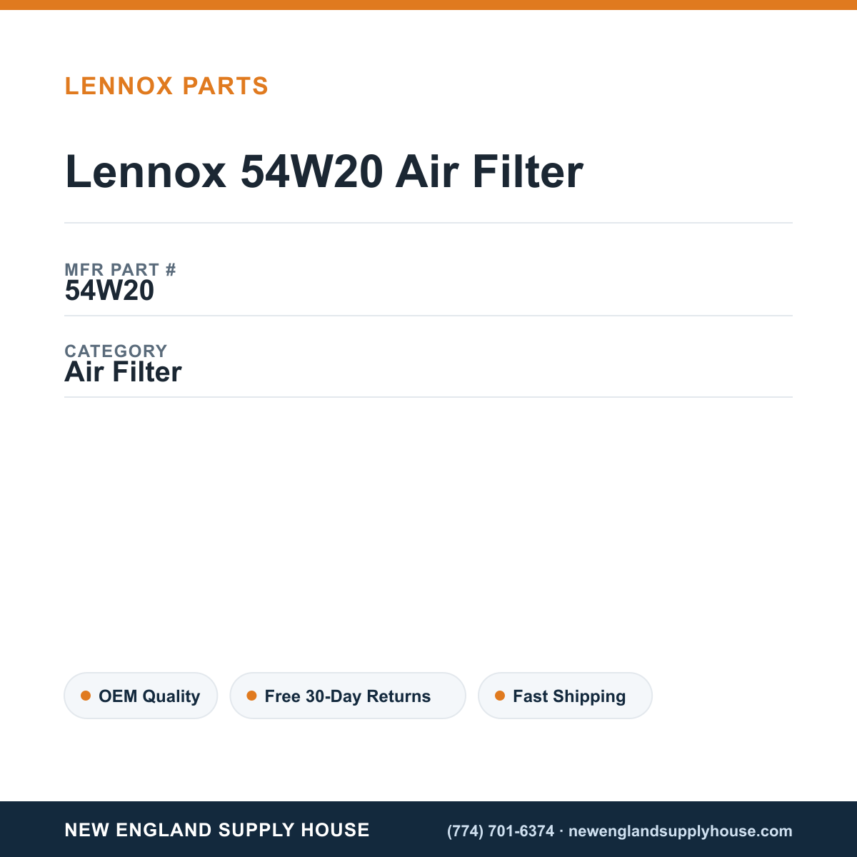 Lennox 54W20 Air Filter — New England Supply House spec card [NESH-SPEC-CARD-V2]
