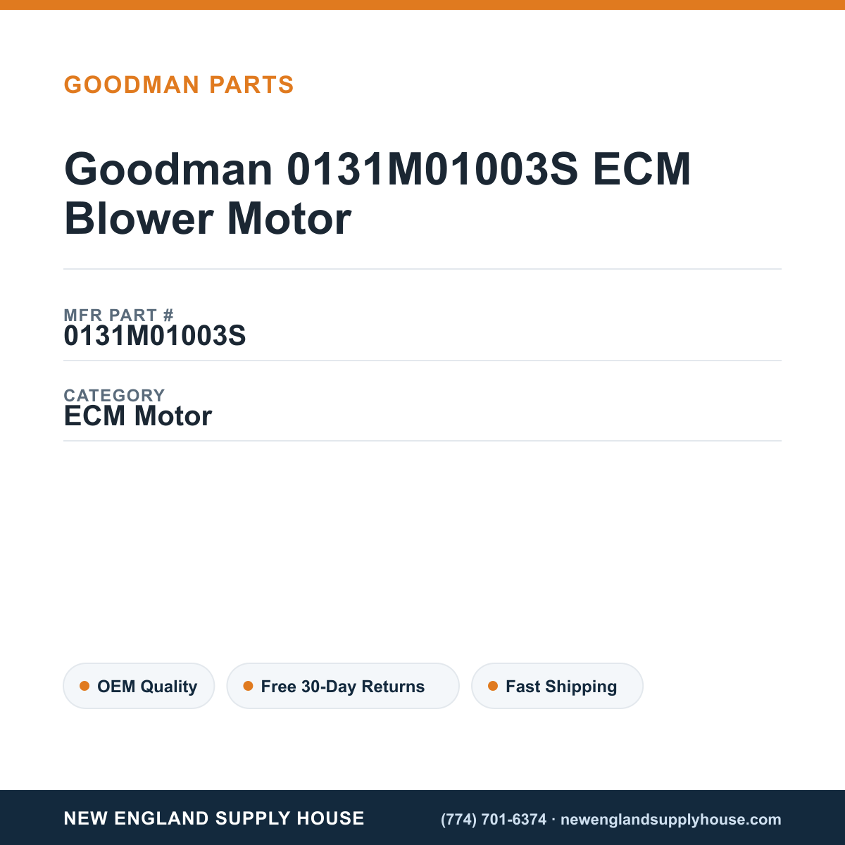 Goodman 0131M01003S ECM Blower Motor — New England Supply House spec card [NESH-SPEC-CARD-V2]