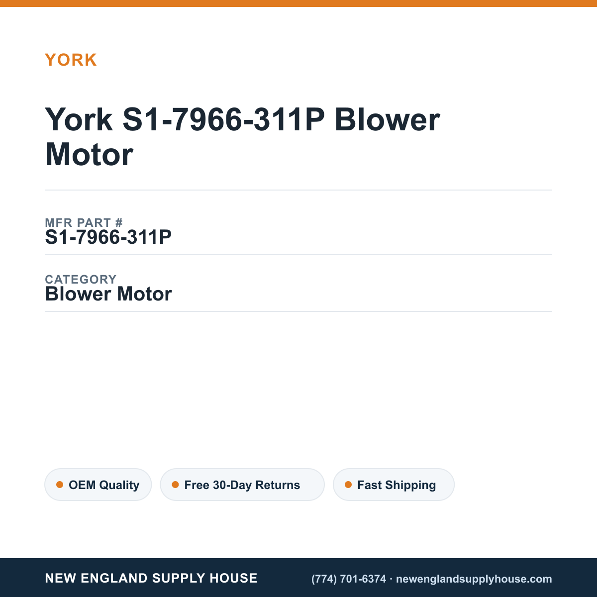 York S1-7966-311P Blower Motor — New England Supply House spec card [NESH-SPEC-CARD-V2]