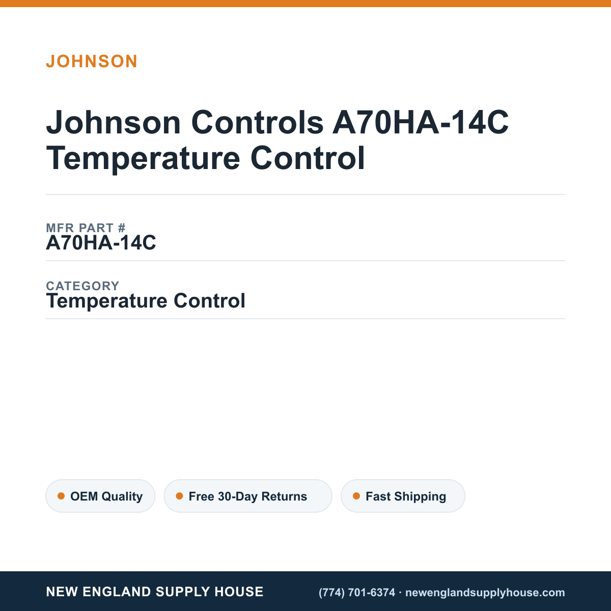 Johnson Controls A70HA-14C Temperature Control — New England Supply House spec card [NESH-SPEC-CARD-V2]