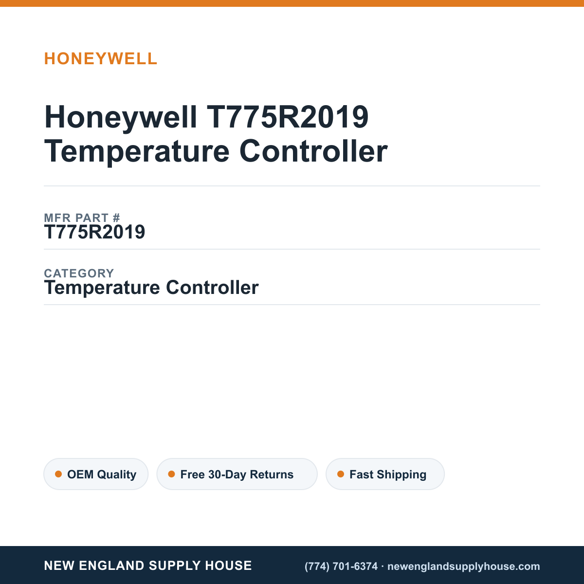 Honeywell T775R2019 Temperature Controller — New England Supply House spec card [NESH-SPEC-CARD-V2]