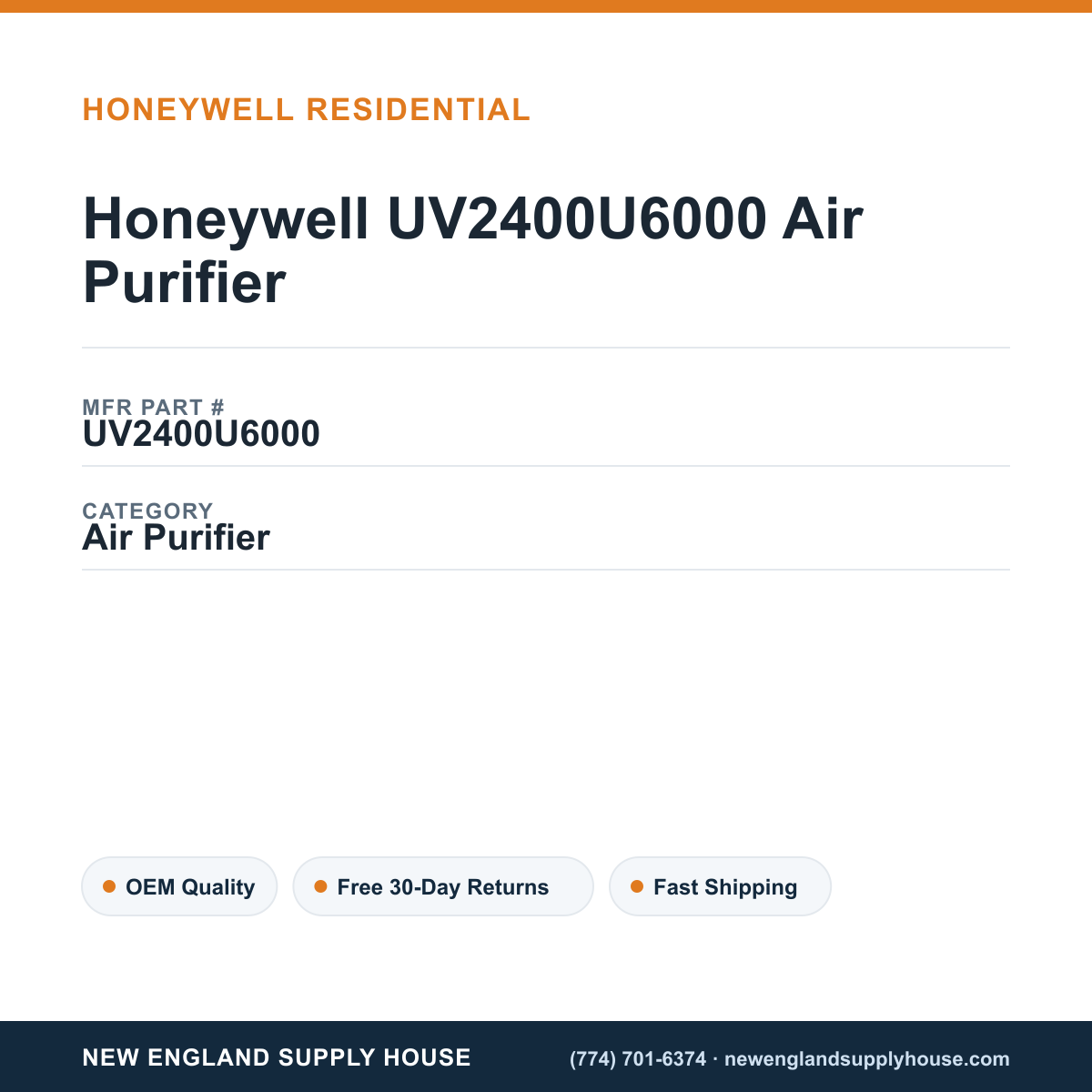 Honeywell UV2400U6000 Air Purifier — New England Supply House spec card [NESH-SPEC-CARD-V2]
