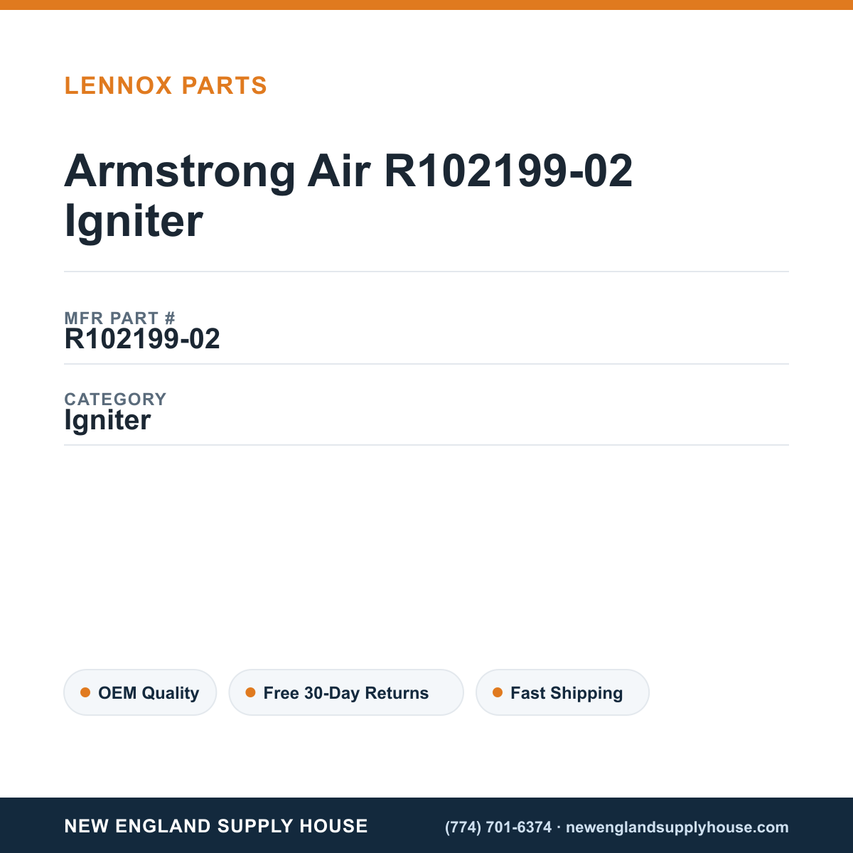 Armstrong Air R102199-02 Igniter — New England Supply House spec card [NESH-SPEC-CARD-V2]