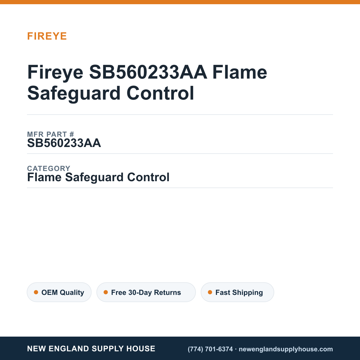 Fireye SB560233AA Flame Safeguard Control — New England Supply House spec card [NESH-SPEC-CARD-V2]