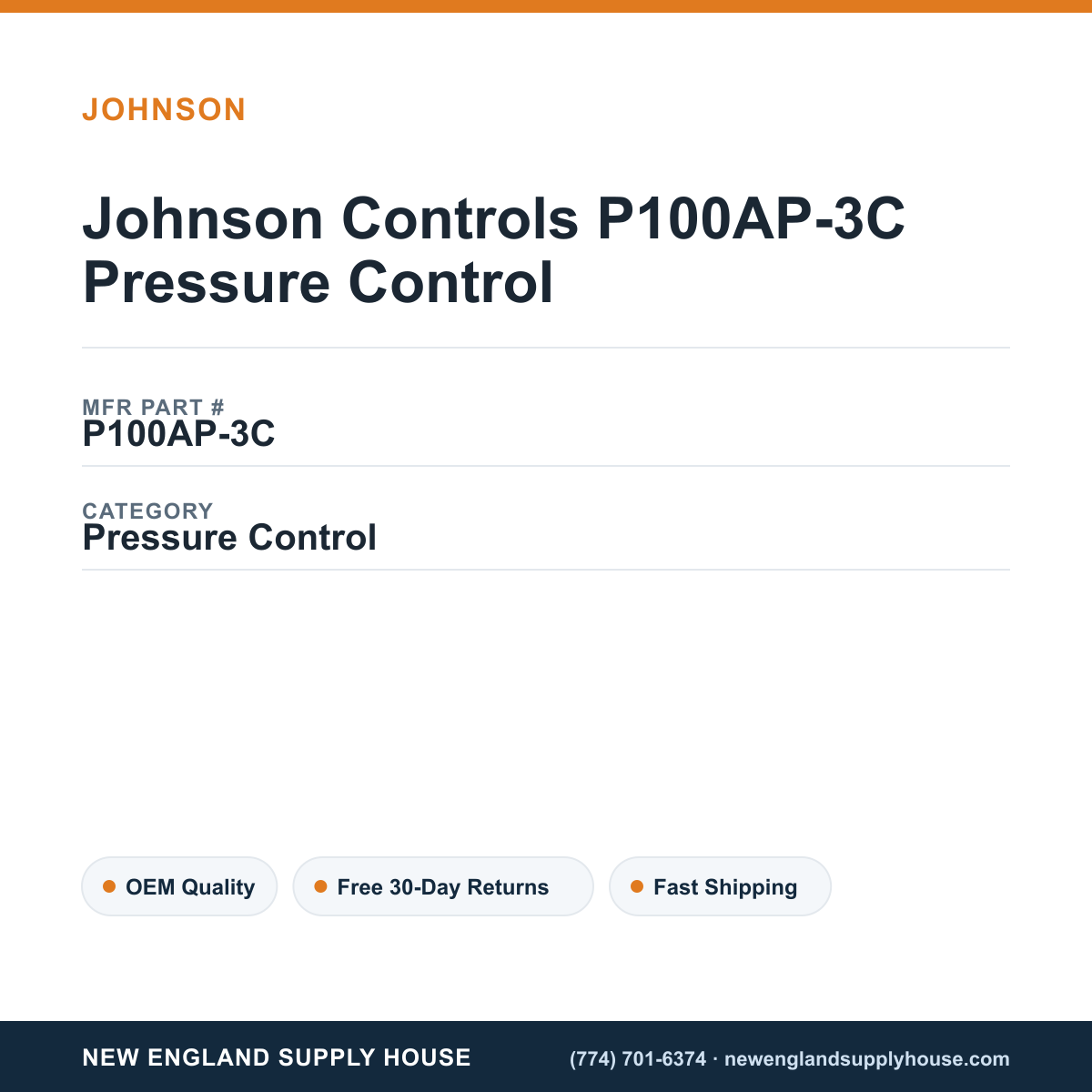 Johnson Controls P100AP-3C Pressure Control — New England Supply House spec card [NESH-SPEC-CARD-V2]