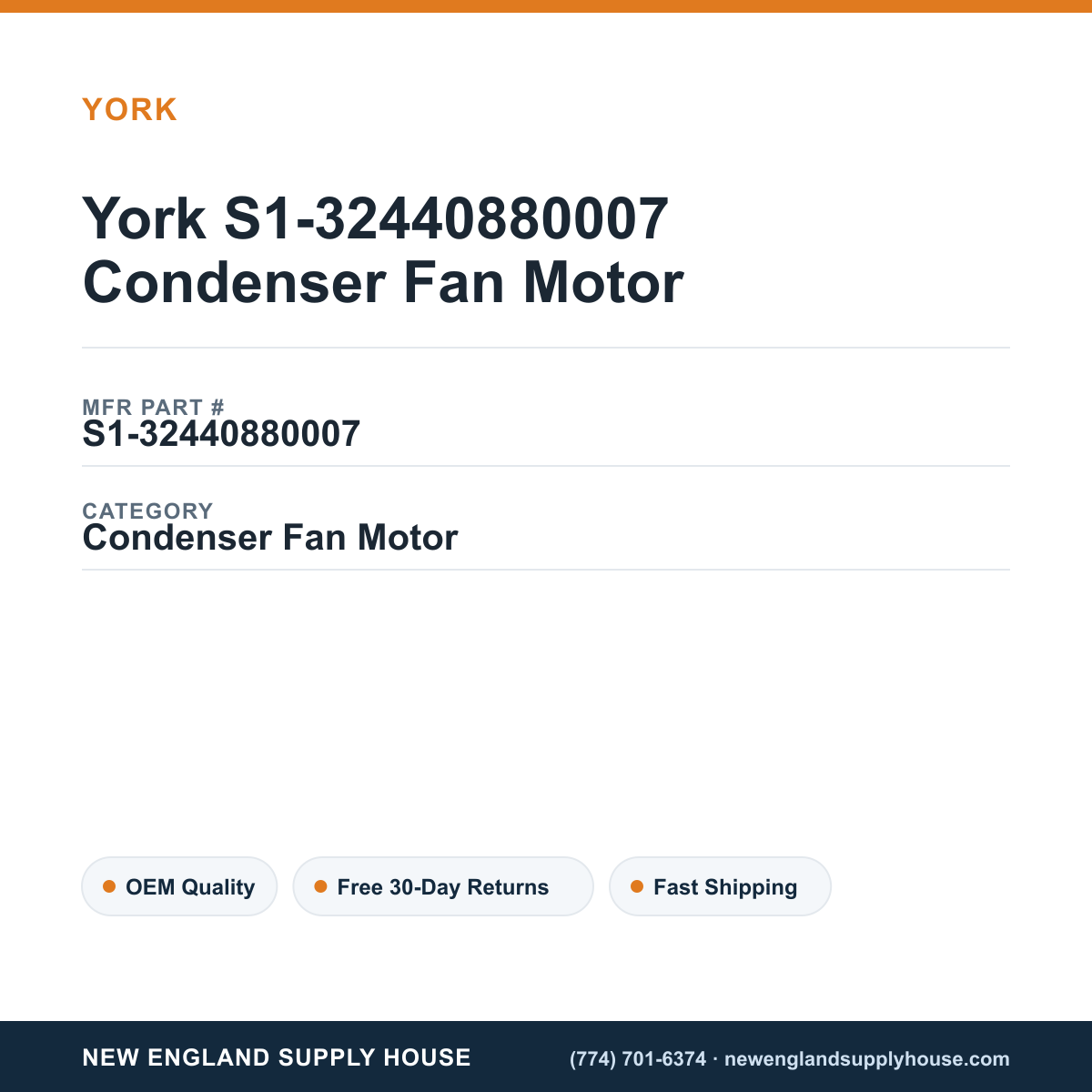 York S1-32440880007 Condenser Fan Motor — New England Supply House spec card [NESH-SPEC-CARD-V2]