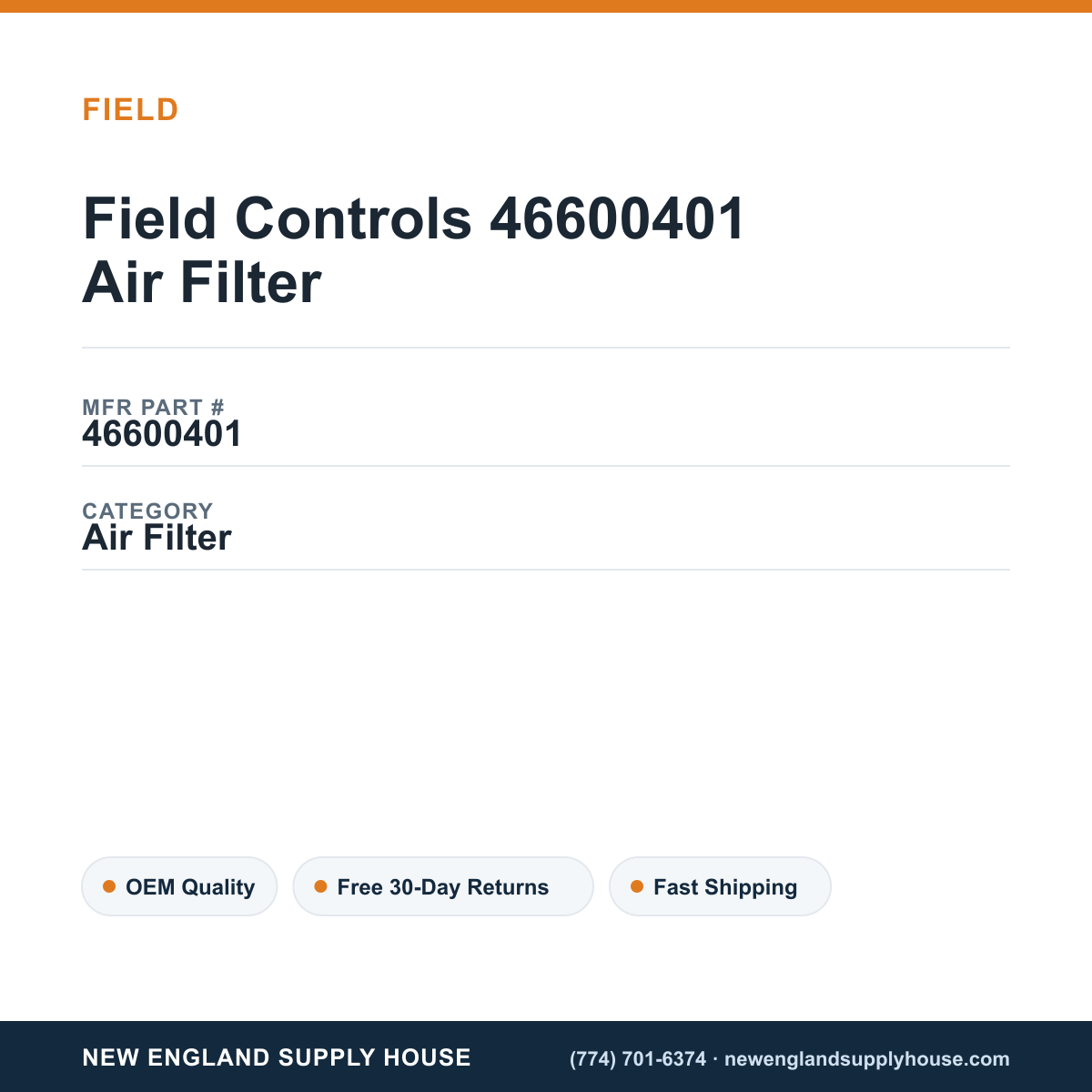Field Controls 46600401 Air Filter — New England Supply House spec card [NESH-SPEC-CARD-V2]