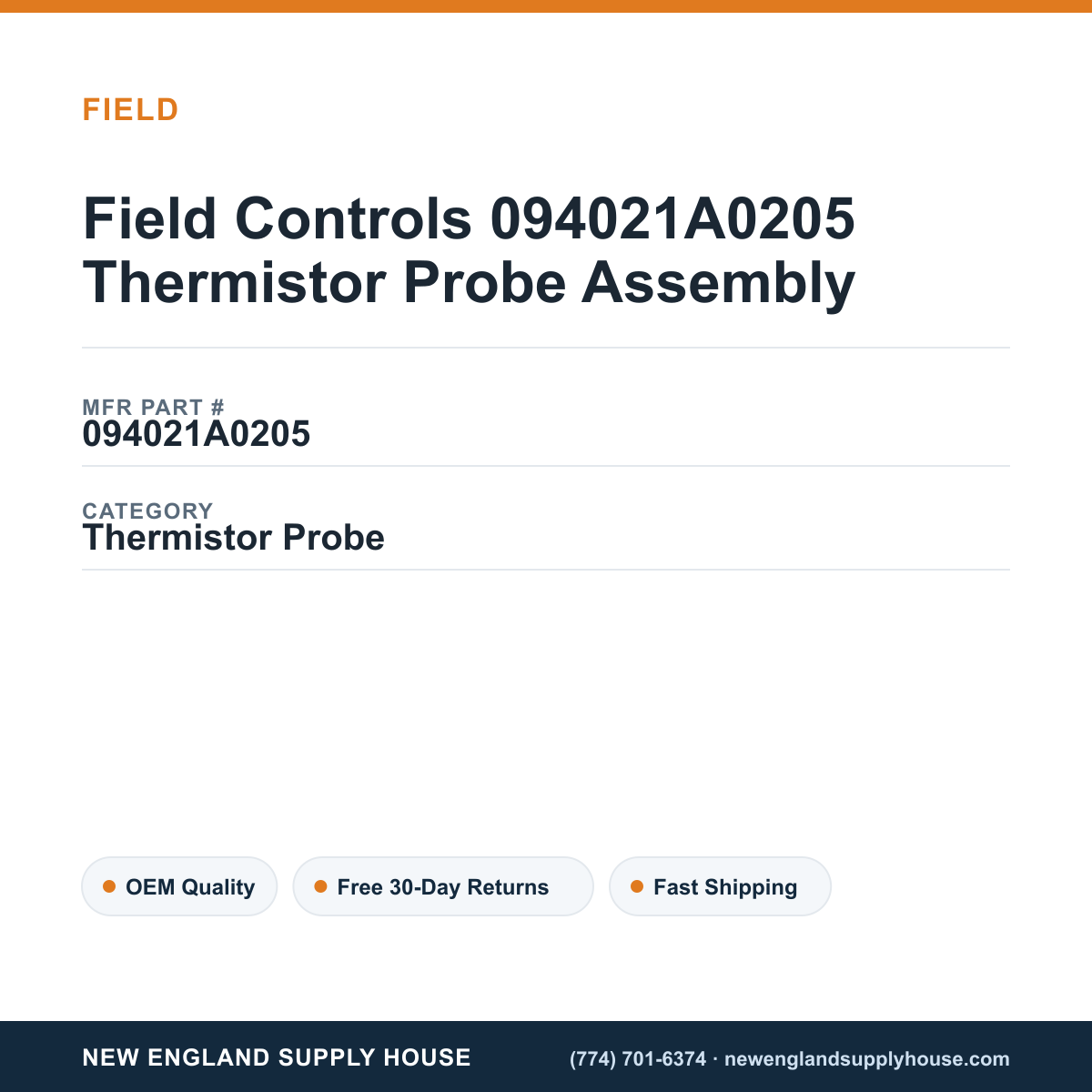 Field Controls 094021A0205 Thermistor Probe Assembly — New England Supply House spec card [NESH-SPEC-CARD-V2]