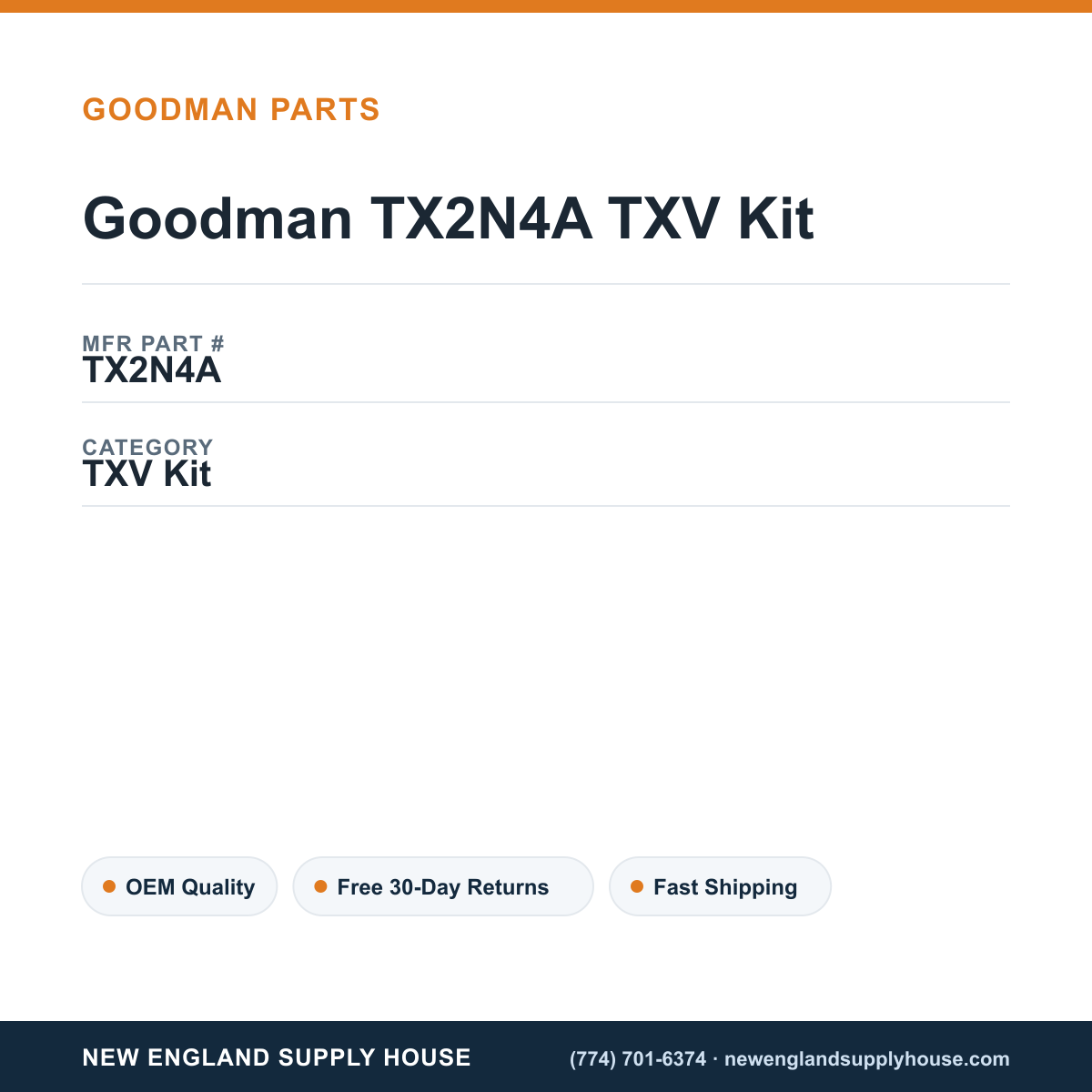 Goodman TX2N4A TXV Kit — New England Supply House spec card [NESH-SPEC-CARD-V2]