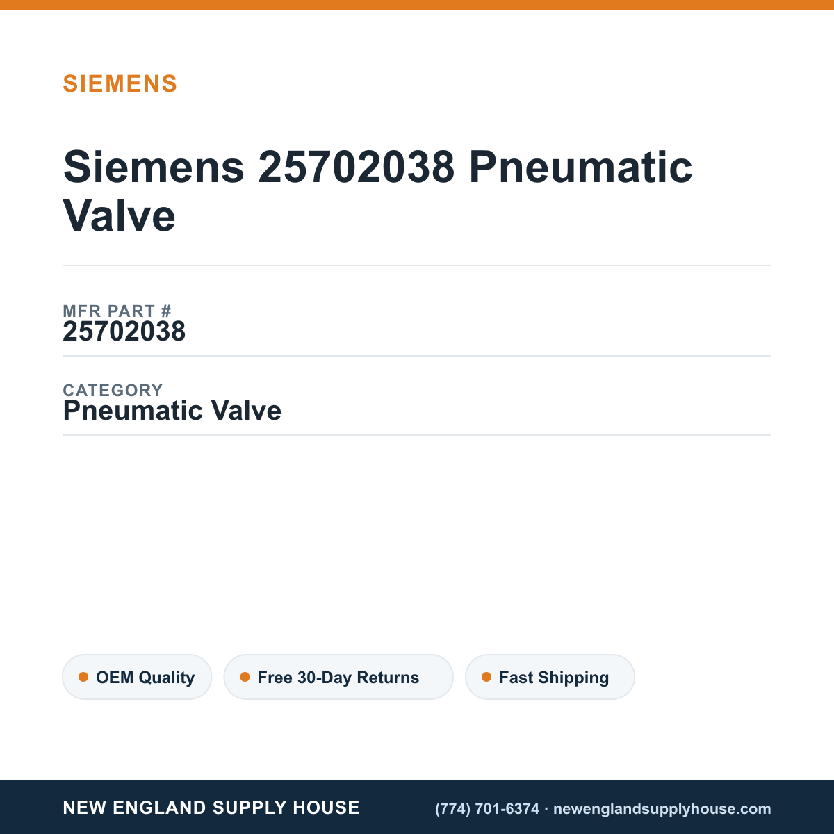 Siemens 25702038 Pneumatic Valve — New England Supply House spec card [NESH-SPEC-CARD-V2]