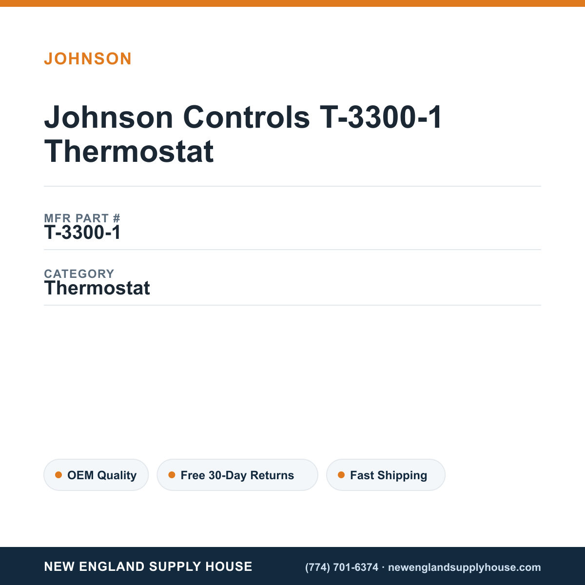 Johnson Controls T-3300-1 Thermostat — New England Supply House spec card [NESH-SPEC-CARD-V2]