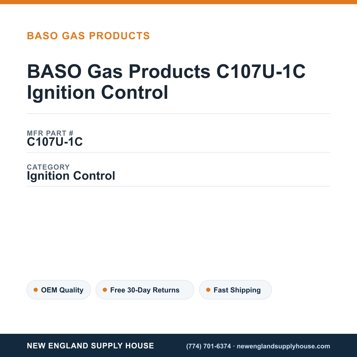 BASO Gas Products C107U-1C Ignition Control — New England Supply House spec card [NESH-SPEC-CARD-V2]