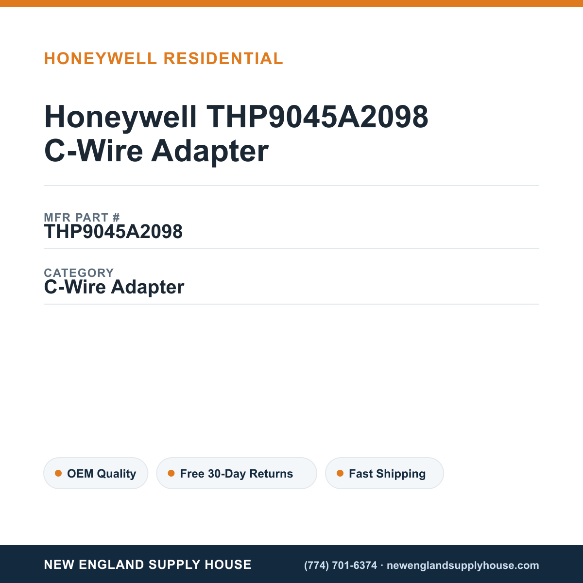 Honeywell THP9045A2098 C-Wire Adapter — New England Supply House spec card [NESH-SPEC-CARD-V2]