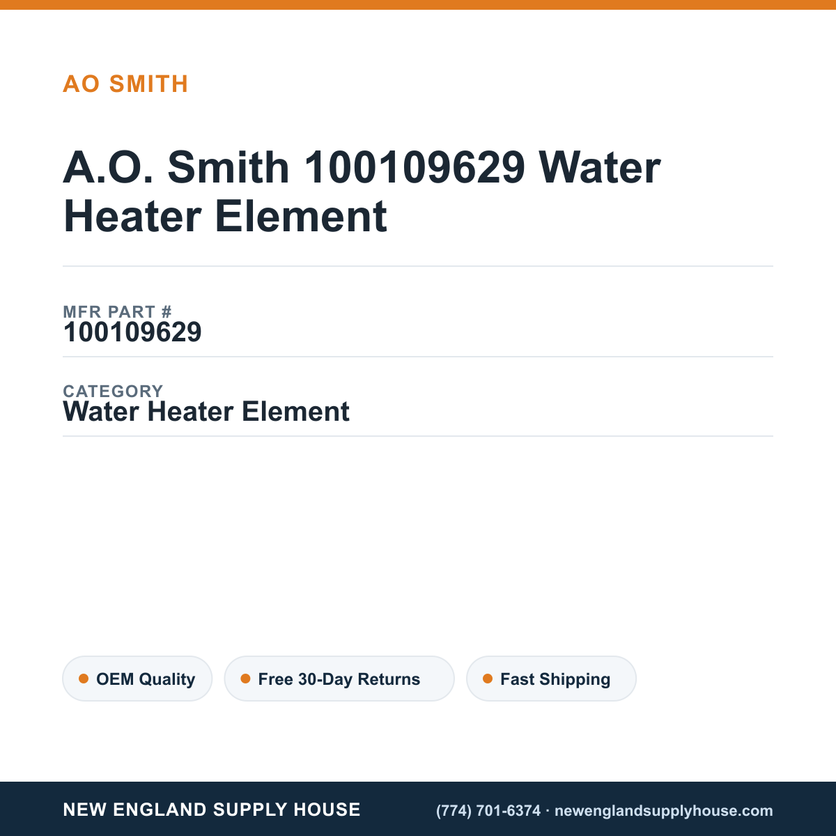 A.O. Smith 100109629 Water Heater Element — New England Supply House spec card [NESH-SPEC-CARD-V2]