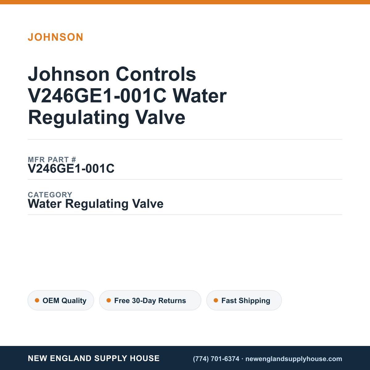 Johnson Controls V246GE1-001C Water Regulating Valve — New England Supply House spec card [NESH-SPEC-CARD-V2]