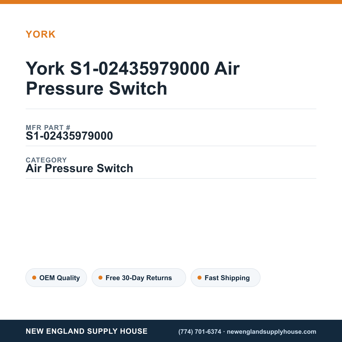 York S1-02435979000 Air Pressure Switch — New England Supply House spec card [NESH-SPEC-CARD-V2]