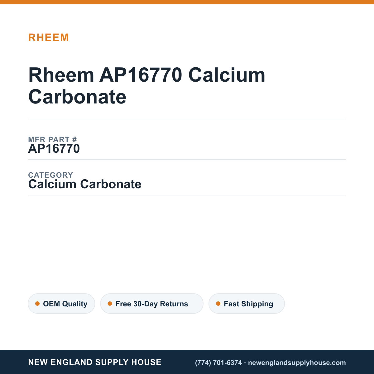 Rheem AP16770 Calcium Carbonate — New England Supply House spec card [NESH-SPEC-CARD-V2]